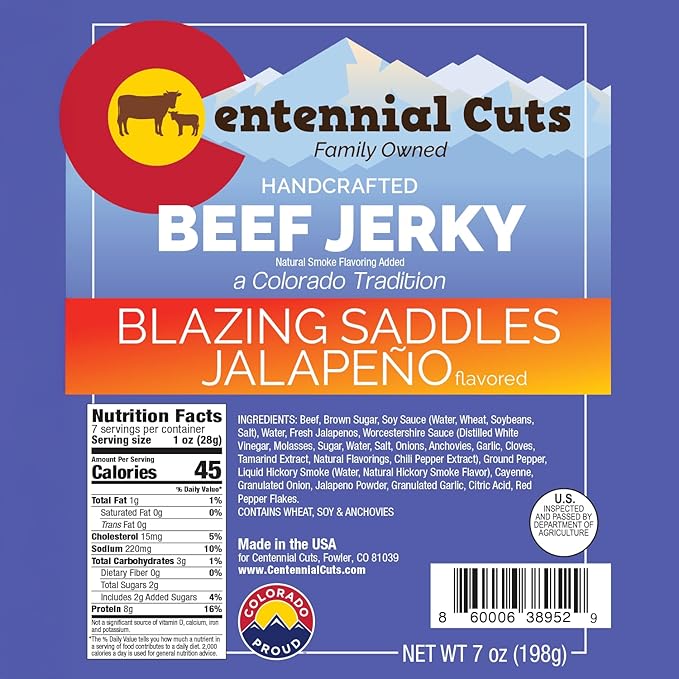 Centennial Cuts Beef Jerky – Blazing Saddles Jalapeño – High Protein Bold Jalapeño Flavor – 7 oz Snack