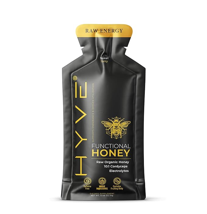 HYVE Functional Pre-workout Honey – Caffeine Free Raw Energy Packets with Organic Cordyceps Mushrooms Volcanic Sea Salt &amp Organic Honey – Energy Boost with Natural Adaptogens Pack of 15 Sachets