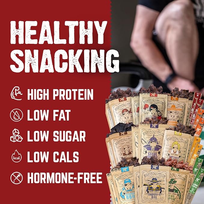Righteous Felon Beef Jerky and Meat Sticks Variety Pack High Protein Low Carb Low Sugar Gluten Free Healthy Snacks for Adults and Kids Made with Premium Meats Gifts for Men (Noah's Ark 26 Pack)