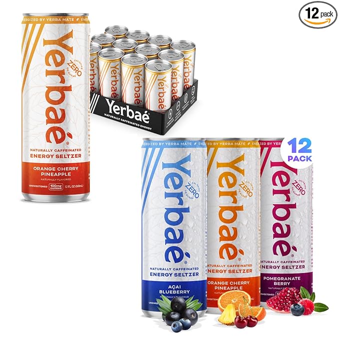 Yerbaé Energy Seltzer - Variety Performance Pack + Orange Cherry Pineapple 0 Sugar 0 Calories 0 Carbs Energized by Yerba Mate Plant-Based Healthy Alternative to Coffee