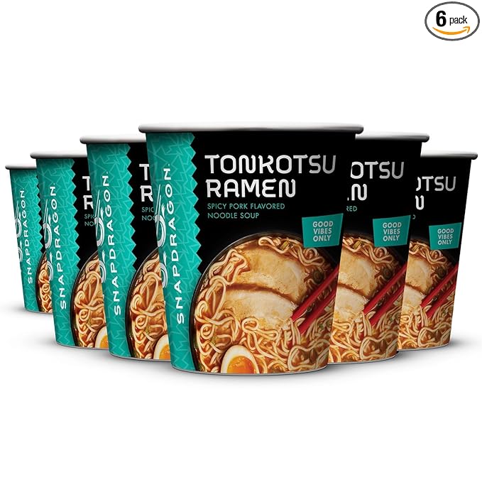 Snapdragon Tonkotsu Ramen Cup Noodles - 6 Pack Instant Ramen Bowl with Authentic Wheat Noodles Soup Sauce Base Flavor and Vege Packs. Microwave or Hot Water Easy Meal Prep
