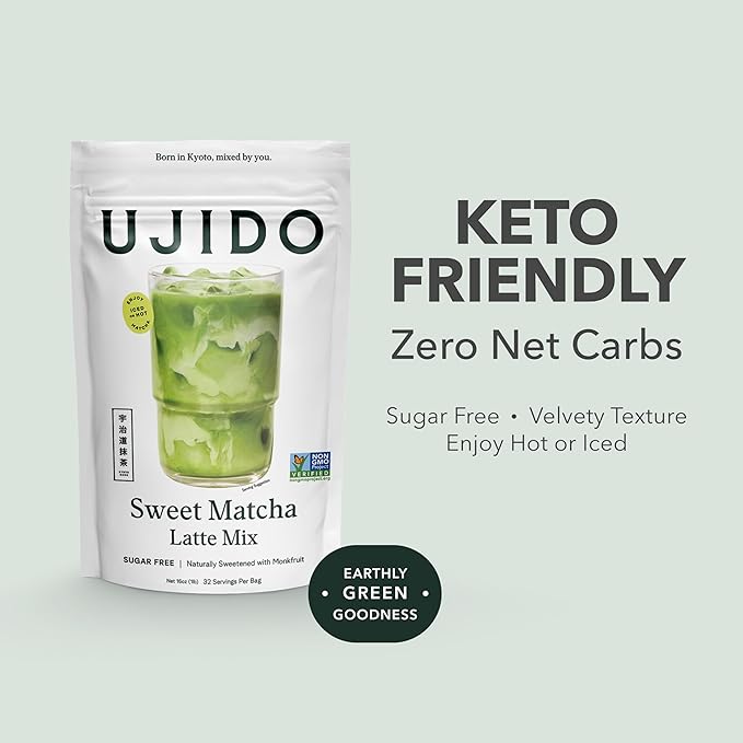 Ujido Sweet Matcha 16 oz. – Sugar-Free Ceremonial Grade Japanese Matcha Powder – Sweetened with Monk Fruit &amp Non-GMO Erythritol – For Teas &amp Lattes – Zero Net Carbs Gluten Free &amp Keto F