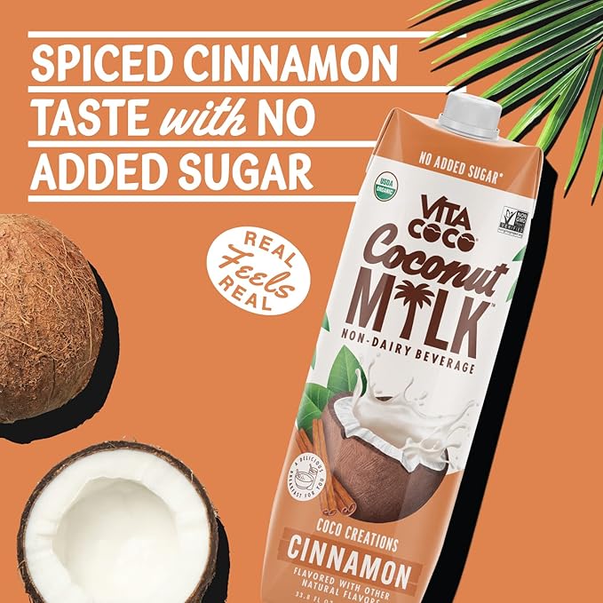 Vita Coco Cinnamon Organic Coconut Milk Plant Based Dairy Free Milk Alternative - Gluten Free Soy Free and Unsweetened - Perfect Add to Cereal Smoothies Desserts - 33.8 Fl Oz (Pack of 6)
