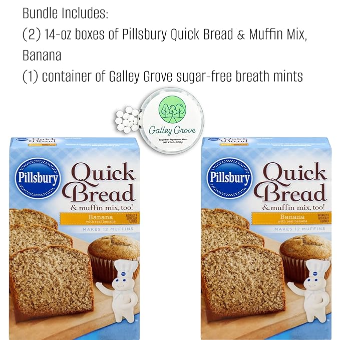 Pilsbury Quick Bread Banana Bread &amp Muffin Mix 14 oz (2-Pack) Bundle With Galley Grove Sugar-Free Breath Mints