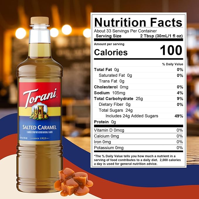 Torani Salted Caramel Flavoring Syrup 1 Liter Bottle with Pump Dispenser – Coffee Syrup for Lattes Teas Cocktails &amp Desserts – Premium Quality Flavored Syrup