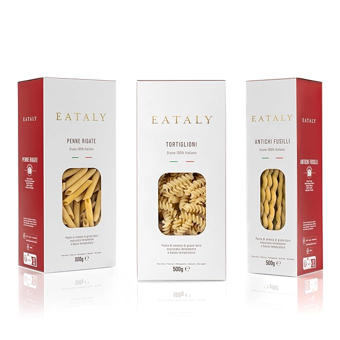 Eataly Ridged Favorites Pasta Bundle Pack- Antichi Fusilli Tortiglioni &amp Penne Rigate 3-500g (17 oz.) Boxes- 1 Each
