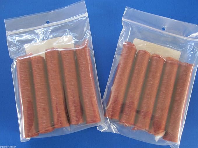 2 PACKS of 17 mm snack stick casings. Edible. 10 strands total. Collagen casings for 42 lbs of snack sticks. Easy to use. No soaking needed. Finished diameter of approx 5/8. Requires slim 3/8 tube