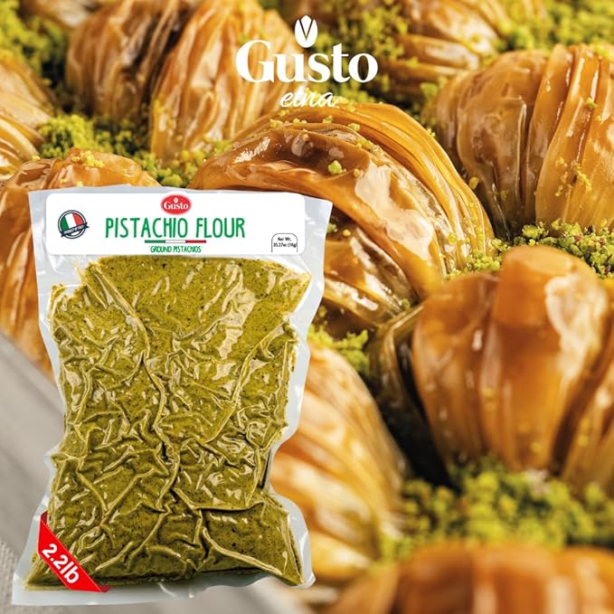 GUSTO ETNA Pistachio Flour Sicilian Fine Chopped Pistachio Flour Ground Powder Gluten Free Flour Non Gmo Vegan Product of Bronte Sicily From Italy 2.2 Lb (1 kg)