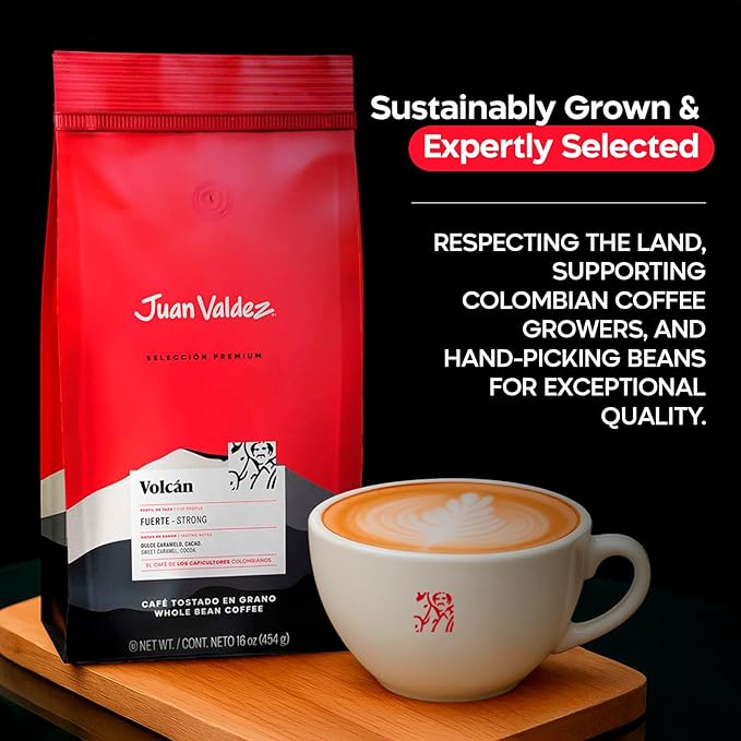 Juan Valdez Volcan Whole Bean Coffee - Dark Roast | 100% Colombian Arabica Beans | Premium Colombian Coffee with Low Acidity and Notes Of Sweet Caramel &amp Cocoa | 16 oz / 454 gr