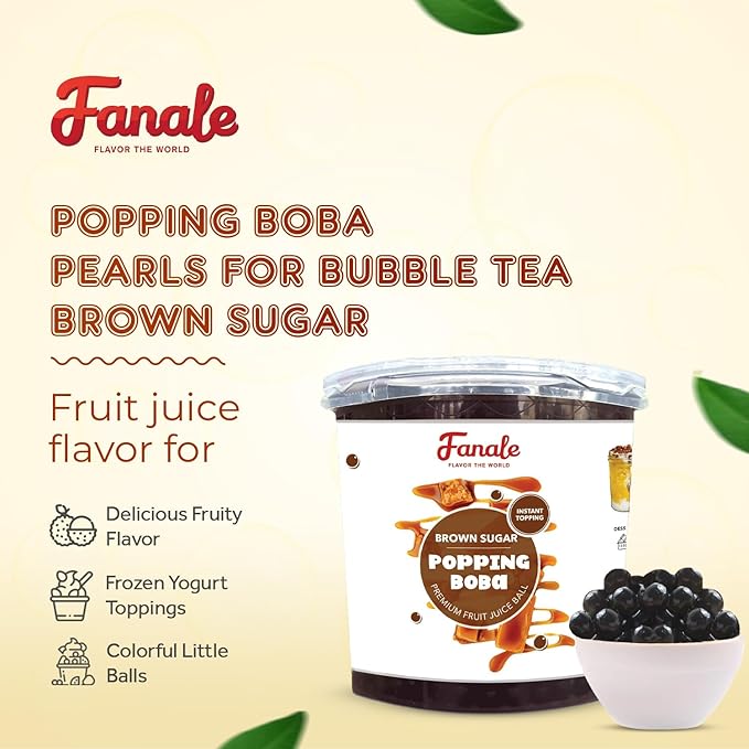 Fanale Brown Sugar Popping Boba Pearls Vegan Non GMO Gluten Free Fat Free Perfect for Bubble Tea Smoothies Ice Cream Desserts and Beverages.