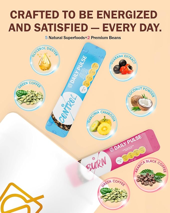 DAILY PULSE 2 in 1 Premium Instant Coffee Made with 100% Arabica Black Coffee Beans - 15 Second Shake to Make - with Garcinia Cambogia &amp Green Tea for Energy - Sugar Free Low Calorie Meal Replace