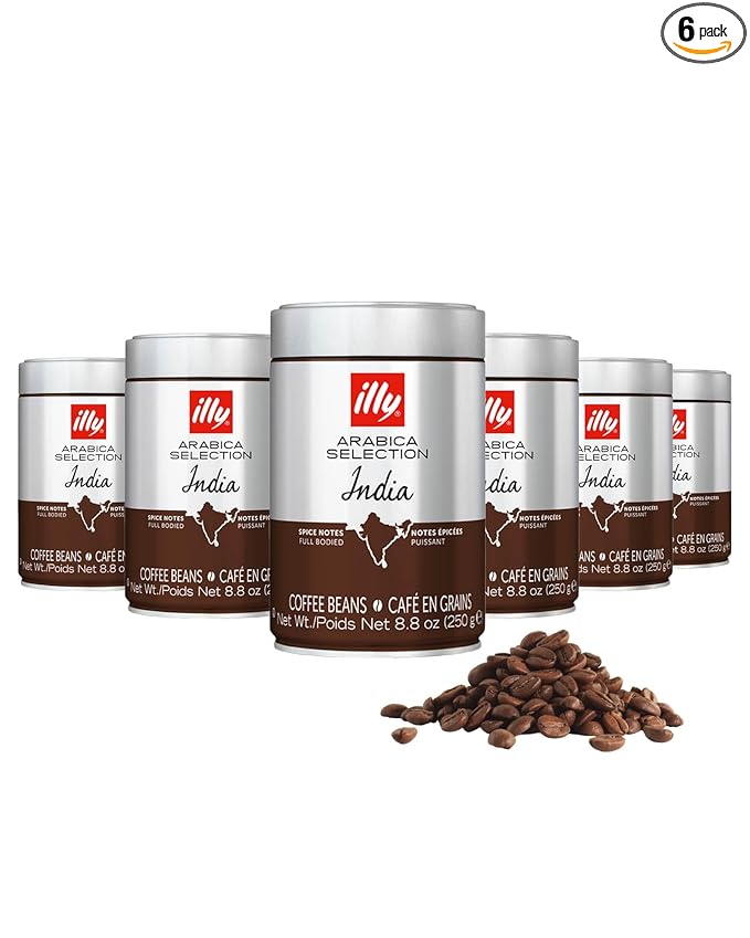 illy Whole Bean Coffee India Single Origin Dark Roast 100% Arabica Premium Italian Coffee Ideal for Espresso Drip Moka and French Press Brewing 8.8oz 6 Pack
