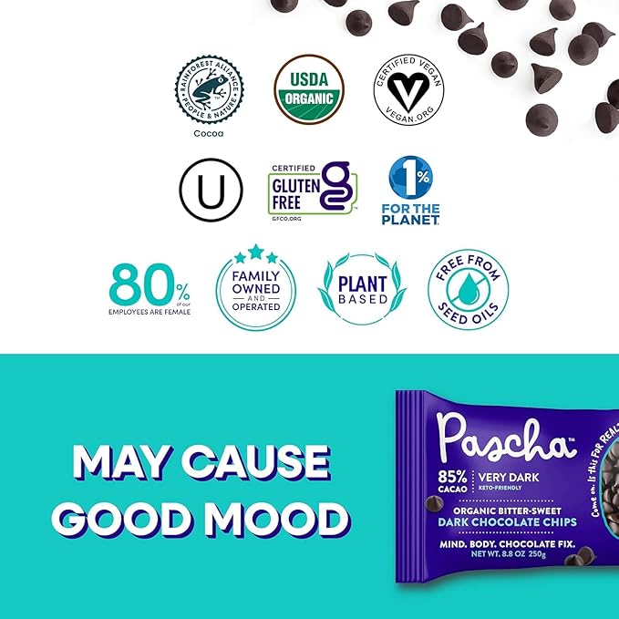 Pascha Organic 85% Cacao Bittersweet Dark Chocolate Chips – 3 Pack 8.8 oz Bags (26.4 oz Total) – Allergen-Free Vegan Baking Chocolate