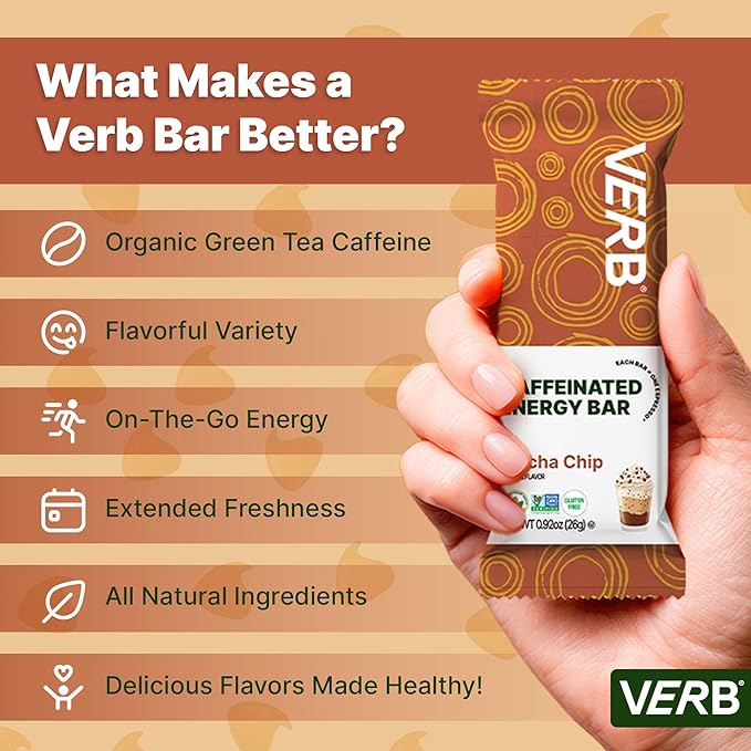 Verb Caffeinated Energy Bars Mocha Chip (26g Pack of 16) 110-Calorie Delicious Low Sugar Energy Bar - Vegan Gluten Free On-the Go Snack with 80mg Green Tea Caffeine Only Real-Food Ingredients