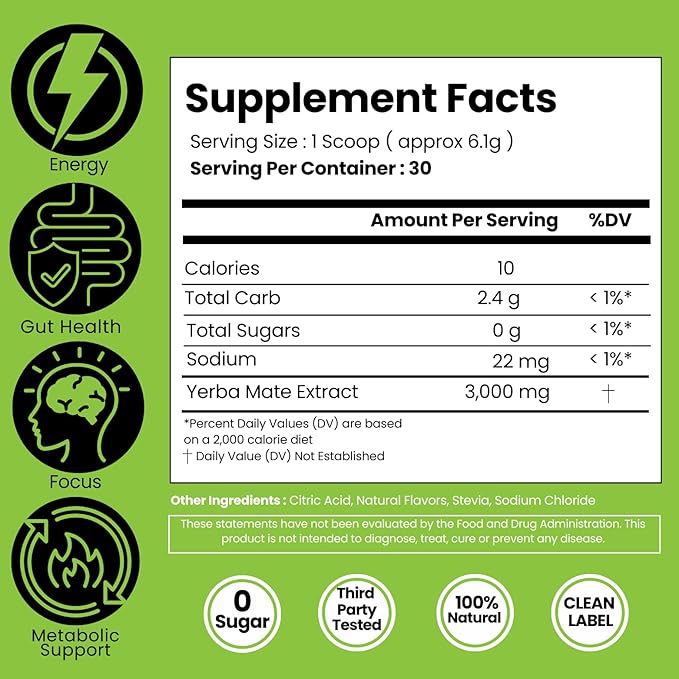 LivMatte Yerba Mate Instant Tea Powder-Natural Caffeine Flavored Drink Mix Sugar-Free Clean Energy Mental Focus + Wellness Support I 30 Servings (Lemon) | Natural Flavored Plant Extract Caffeine