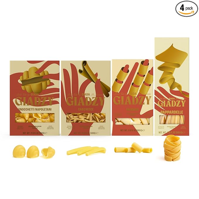Giadzy by Giada De Laurentiis 4 Pack Organic Semolina Flour Pasta – Pappardelle Paccheri Casarecce &amp Gnochetti – Made in Italy – Artisanal Bronze Cut – Clean Ingredients – Non-GMO – Vegan