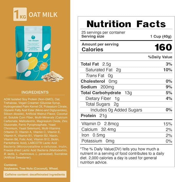THE VEGAN Protein Powder | Oat Milk Plant Based Protein | Non-GMO Soy Isolate with Probiotics | Dairy-Free | Low FODMAP | Low Cholesterol | 1kg