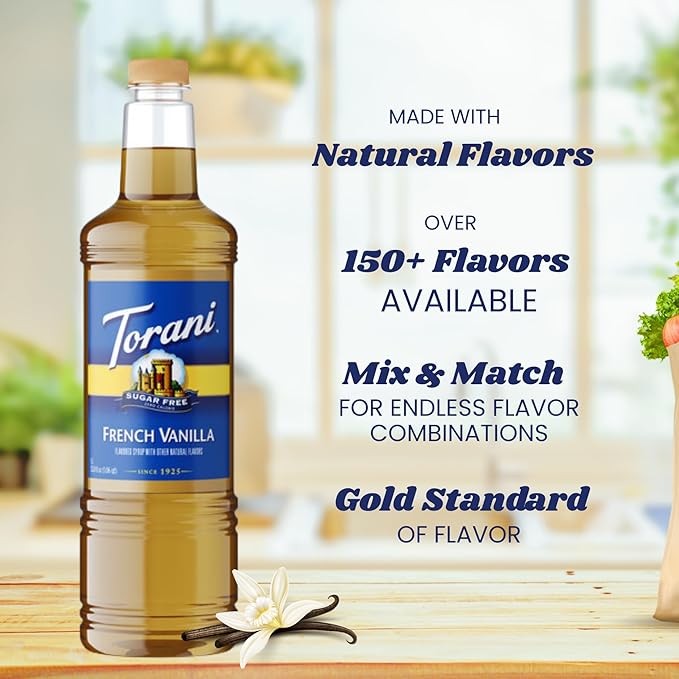 Torani Sugar Free French Vanilla Syrup 1 Liter Bottle with Pump Dispenser – Zero Calorie Flavored Coffee Syrup for Lattes Cold Brews Teas Cocktails &amp Desserts – Keto Friendly