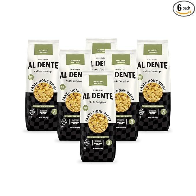 Al Dente Golden Egg Bonnetti – All-Natural Hand-Crafted Egg Pasta. Traditional Pasta Noodles Made with Cage-Free Eggs and Semolina. Great for Pastas Soups Stews. 12oz Bags (Pack of 6)