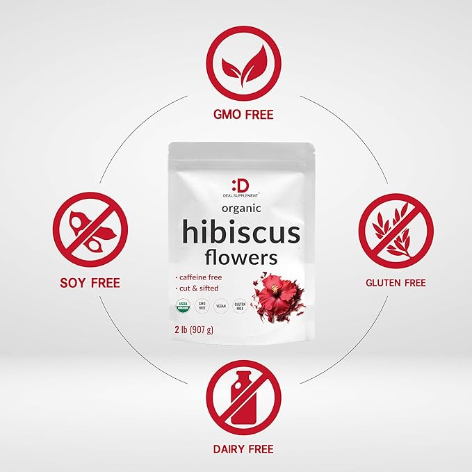 Dried Organic Hibiscus Flowers 2 Pounds – Cut &amp Sifted Whole Leaves – Loose Leaf Flower Source – Raw Flavor &amp Aroma Great for Refilling Tea Bags – Caffeine Free No Sugar Non-GMO