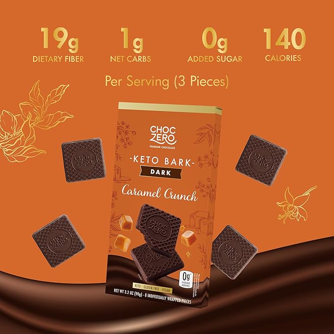 ChocZero Dark Chocolate Caramel Crunch Bark Sugar Free Vegan Low Carb High Fiber Keto Friendly No Sugar Alcohols (4 Count 3.2oz Boxes)