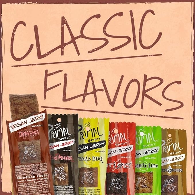 Primal Spirit Vegan Jerky – “Classic Flavor” – Teriyaki 10 g. Plant Based Protein Certified Non-GMO No Preservatives Sports Friendly Packaging (24 Pack 1 oz)