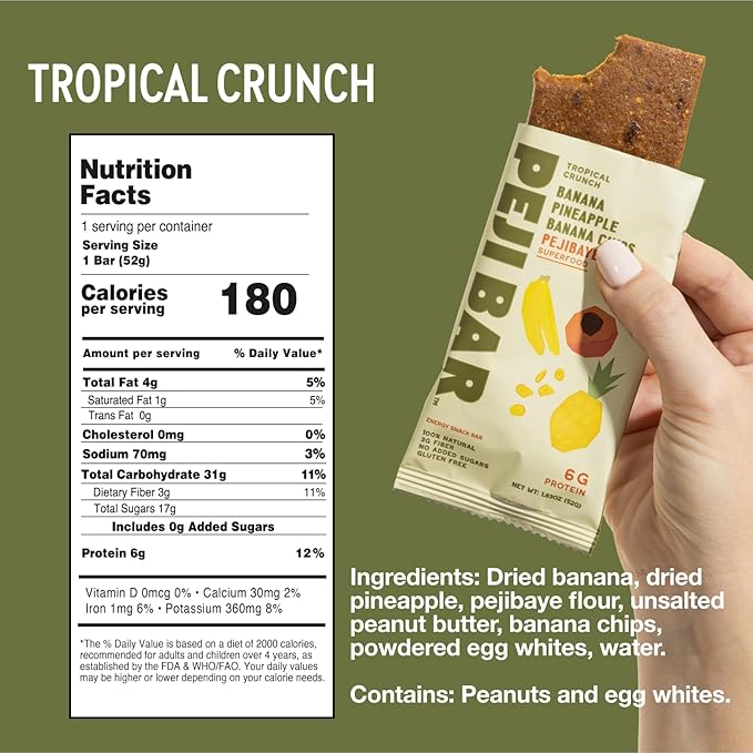 PEJI BAR Superfood Energy Bars | Tropical Crunch Banana Pineapple Flavor | Gluten Free 6g Protein Fiber Whole Ingredients No Sugar Added | Adventure Ready Snack 12 Count