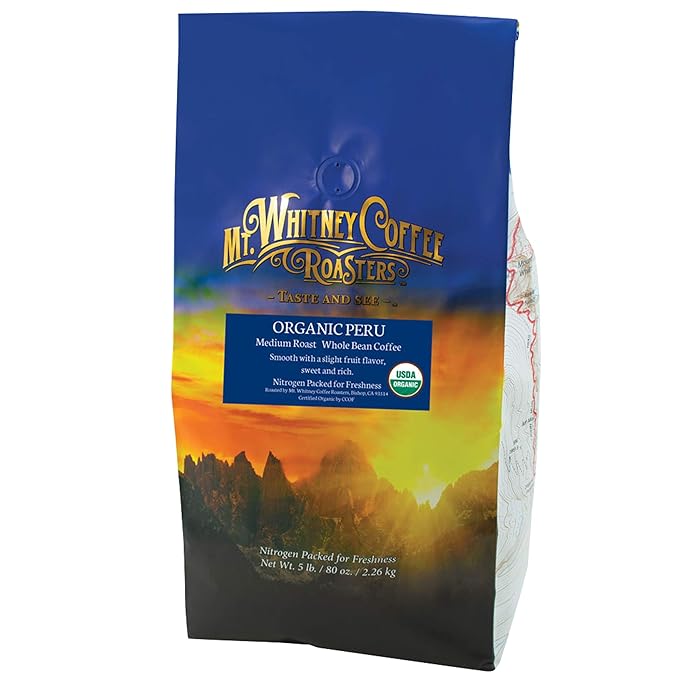 Mt. Whitney Organic Shade Grown Low Acid Coffee from Peru (Whole Bean 5 Lb)