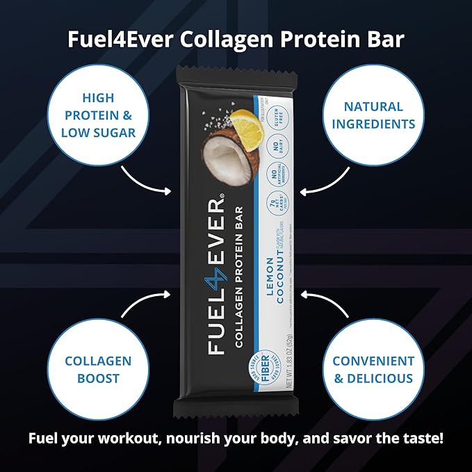 Fuel 4 Ever Collagen Protein Bars | 15G Protein Gluten Free Dairy Free No Stevia or Artificial Ingredients Added Sweetened with Honey | Lemon Coconut Flavor (Box of 12)