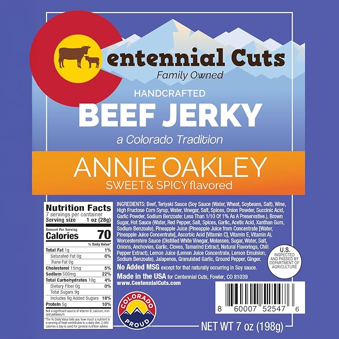 Centennial Cuts Beef Jerky – Annie Oakley Sweet &amp Spicy – High Protein – 7 oz Snack