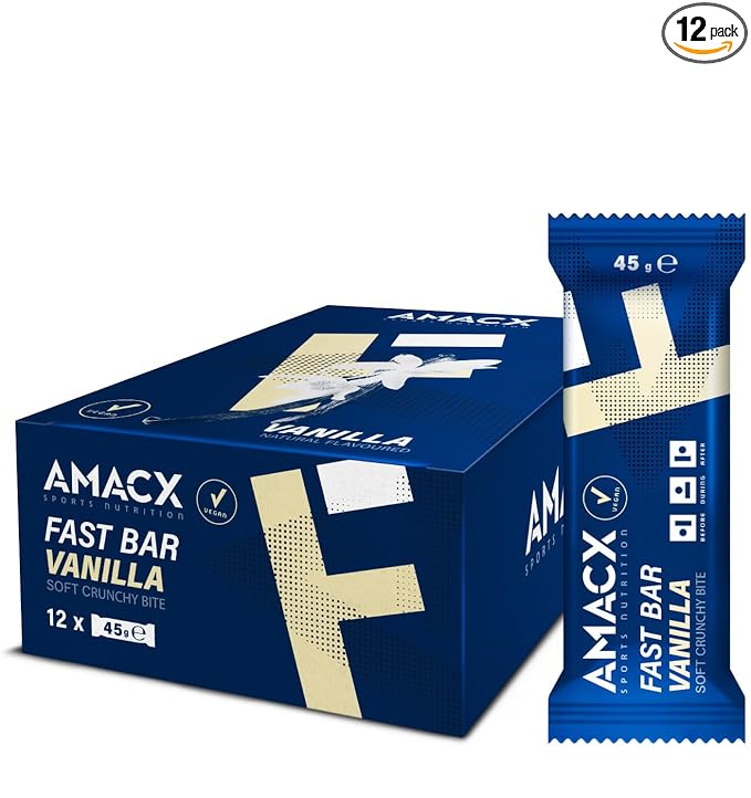 AMACX Fast Bar Energy Bar for Endurance Athletes – 12 x 45g – Vegan Protein Bars 40% Almond content – Healthy Sports Snack Bars – 2:1 Carbohydrates (31g) ratio &amp Natural Electrolytes – Vanilla