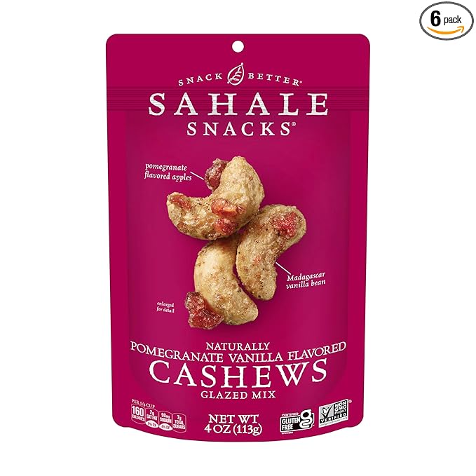 Sahale Snacks Pomegranate Vanilla Cashews 4 oz Pouches (6 Packs) - Dry-Roasted Deluxe Mixed Nuts with Pomegranate Infused Apples &amp Madagascar Vanilla - Non-GMO Kosher &amp Certified Gluten-Fre