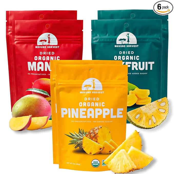 Mavuno Harvest Organic Dried Fruit Variety Pack | Dried Mango Pineapple and Jackfruit | Healthy Vegan No Sugar Added Non GMO Snacks for Kids &amp Adults | 2 Ounce Pack of 6
