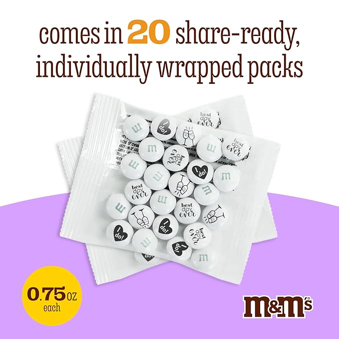 M&ampM's World Milk Chocolate Wedding Candy Favors 20 Pack of 0.75oz Perfect for Wedding Reception Bridal Favors Rehearsal Dinner and Table Decor