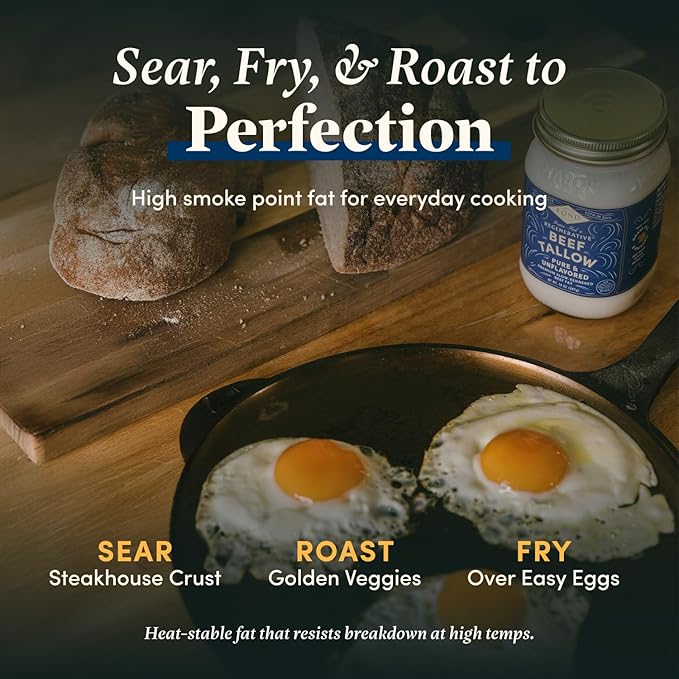 FOND Regenerative Grass-Fed Beef Tallow for Cooking – High Smoke Point Grass Fed Beef Tallow for Frying Sautéing &amp Roasting – Sustainably Sourced Seed Oil Free – Pure &amp Unflavored 14oz