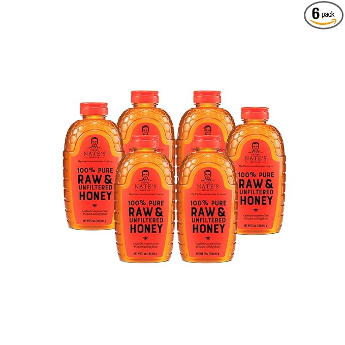 Nate's 100% Pure Raw &amp Unfiltered Honey - Award-Winning Taste 32oz. Squeeze Bottle (6 Pack)