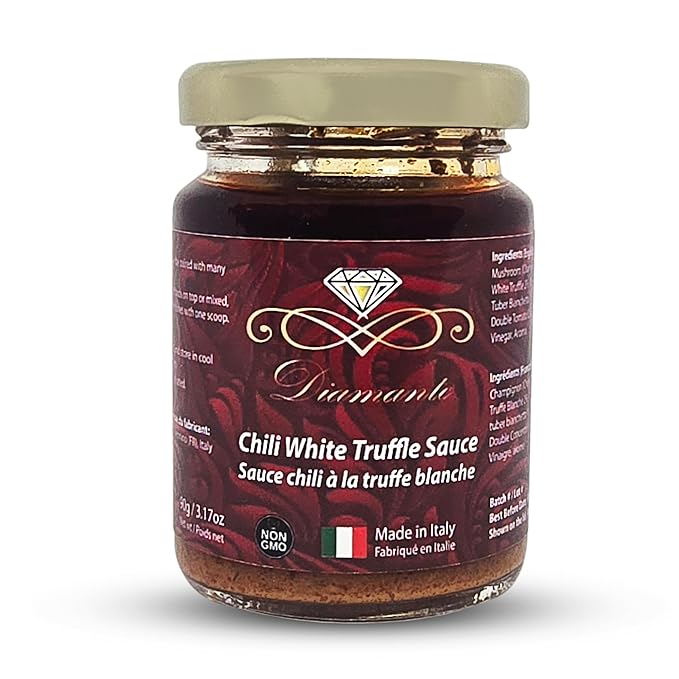 Diamante Italy Chili Truffle Sauce with White Truffles - Hot Sauce for All Cuisines - Authentic Italian Gourmet White Truffle &amp Mushroom Hot Sauce - Non GMO &amp Made in Italy - 90g