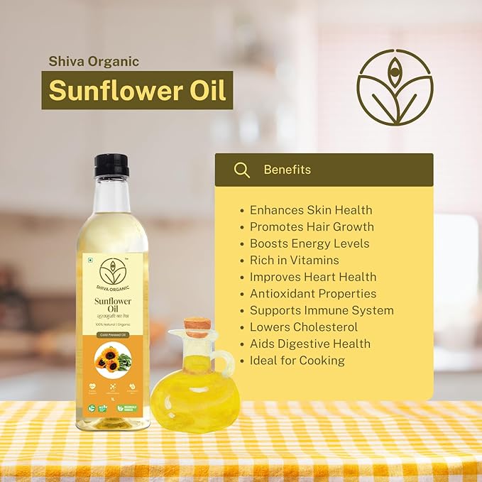 Shiva Organic Cold-Pressed Sunflower Oil - 100% Natural 1L (33.8 fl oz)) for Cooking and Health