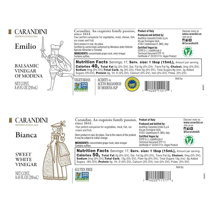 Carandini Emilio Silver Balsamic Vinegar of Modena PGI &amp Bianca Sweet White Vinegar Combo Set Premium Italian Vinegars Perfect for Mother's Day Gift | Made in Italy - 8.45 fl oz (2 Bottles)