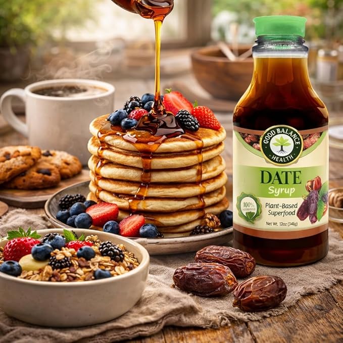 Good Balance Health Organic Date Syrup Sweetener Natural Sugar Alternative for Coffee Tea Baking and Cooking Vegan Paleo Gluten Free Kosher 22.5 oz Squeeze Bottle