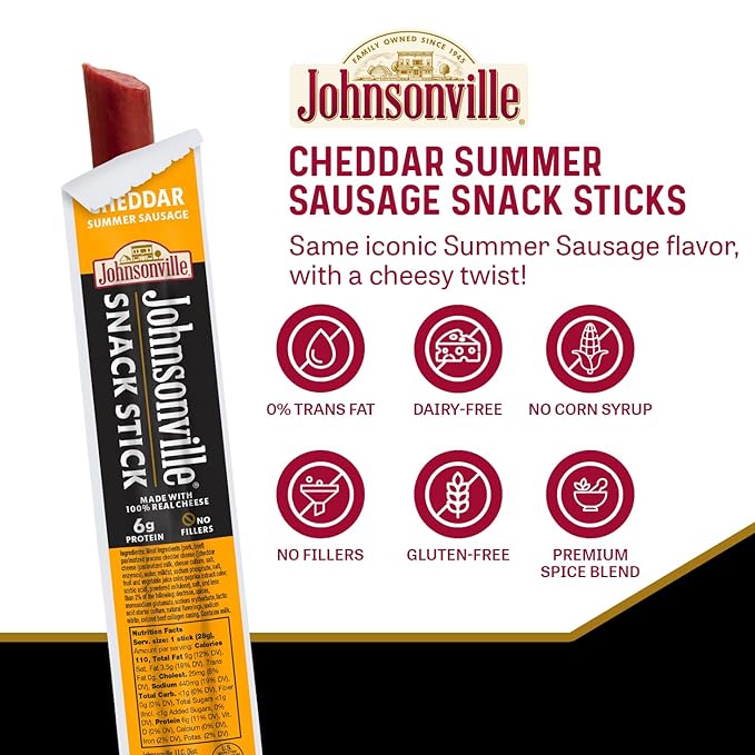 Johnsonville Summer Sausage Snack Sticks - Gluten Free Protein Snacks Jerky Snack Packs - Cheddar 1 oz. 24-Pack
