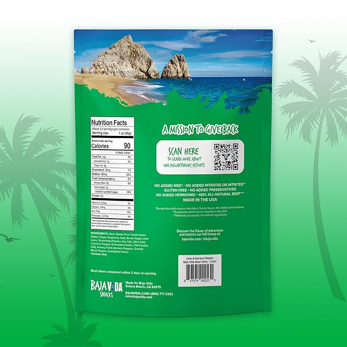 BAJA BEEF Vida Lime &amp Serrano Pepper Beef Jerky - Sweet and Spicy Beef Jerky Snack Packs Healthy Gluten-Free All-Natural No MSG Made in the USA - 2.5 Oz Bags (Pack of 4)
