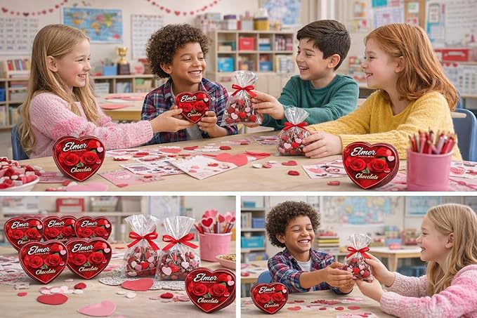 Valentine’s Day Chocolate Gift Boxes with 12 ct Treat Bags – Elmer Assorted Heart-Shaped Milk Chocolate 2 oz Each 12-Count – Individually Wrapped Classroom Exchange for Kids School &amp Office
