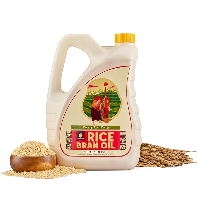 Gourmanity Rice Bran Oil Bulk 1.32 Gallon Easy Pour Bottle Heart Healthy Oil Made From 100% Pure Rice Bran Perfect for Cooking Frying &amp Skincare Non GMO Halal Kosher (169 fl oz/1.32 gal)