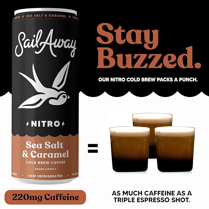 Sail Away Coffee Nitro Cold Brew Coffee Cans - Less Acidic Coffee Beverages | Draft Nitrogen Pour 220mg Caffeine Gluten Free Organic Keto Sea Salt &amp Caramel 6 Pack