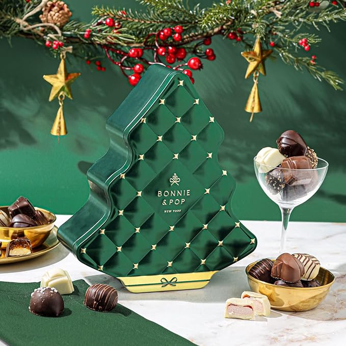Christmas Chocolate Gift Basket Christmas Tree Shaped Tin with Assorted Truffles Holiday Stocking Stuffer Present Festive Corporate Family Gift Tin Idea for Men and Women Bonnie and Pop
