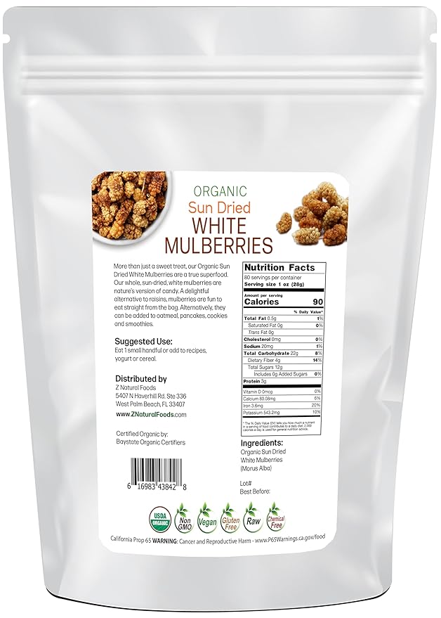 Organic White Mulberries - Sun Dried 100% Pure - No Sugar Added - Exotic All Natural Raisin Alternative - Superfood Fruit Snack for Trail Mix Smoothies Yogurt Cooking Baking - Bulk 5 lb Size