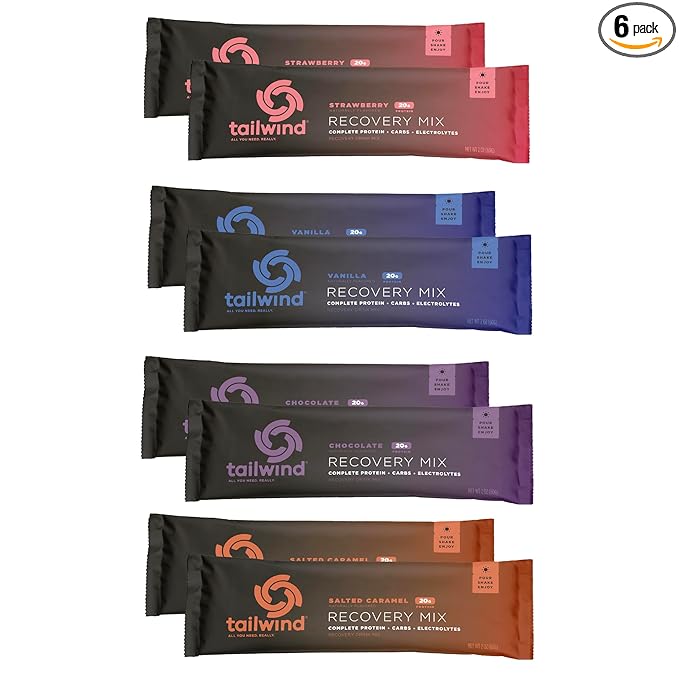 Tailwind Nutrition Grab-and-Go Recovery Mix 20g Complete Protein Single-Serving Assortment 2 Chocolate 2 Vanilla 2 Strawberry and 2 Salted Caramel Flavors 8-Pack Sports Recovery Stick Packs
