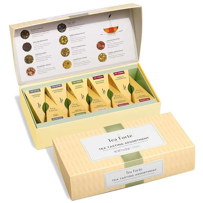 Tea Forte Premium Petite Presentation Box Gift Set Sampler 10 Count 2 of Each Blend Individually Wrapped Handcrafted Pyramid Infuser Bags Assorted Classic