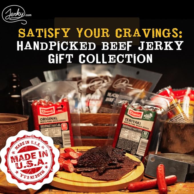Jerky.com 21 Pieces of Beef Jerky Variety Pack &amp Meat Stick Gift Box for Men - Including 5 Flavors of Beef Jerky 13 Snack Sticks and 3 Cheese Sticks - Birthday gifts for men